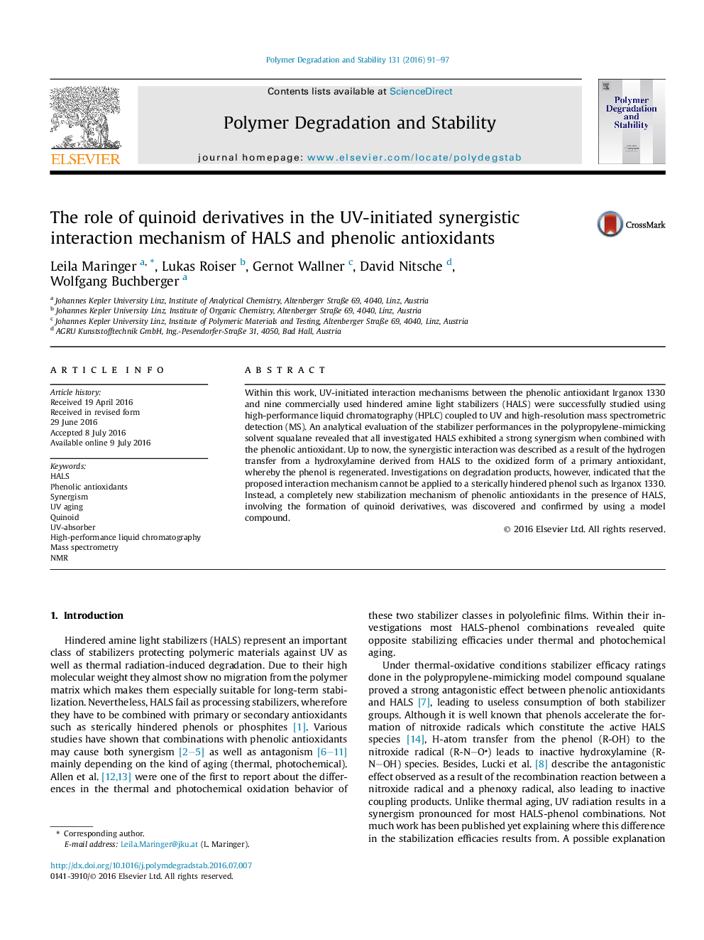 The role of quinoid derivatives in the UV-initiated synergistic interaction mechanism of HALS and phenolic antioxidants