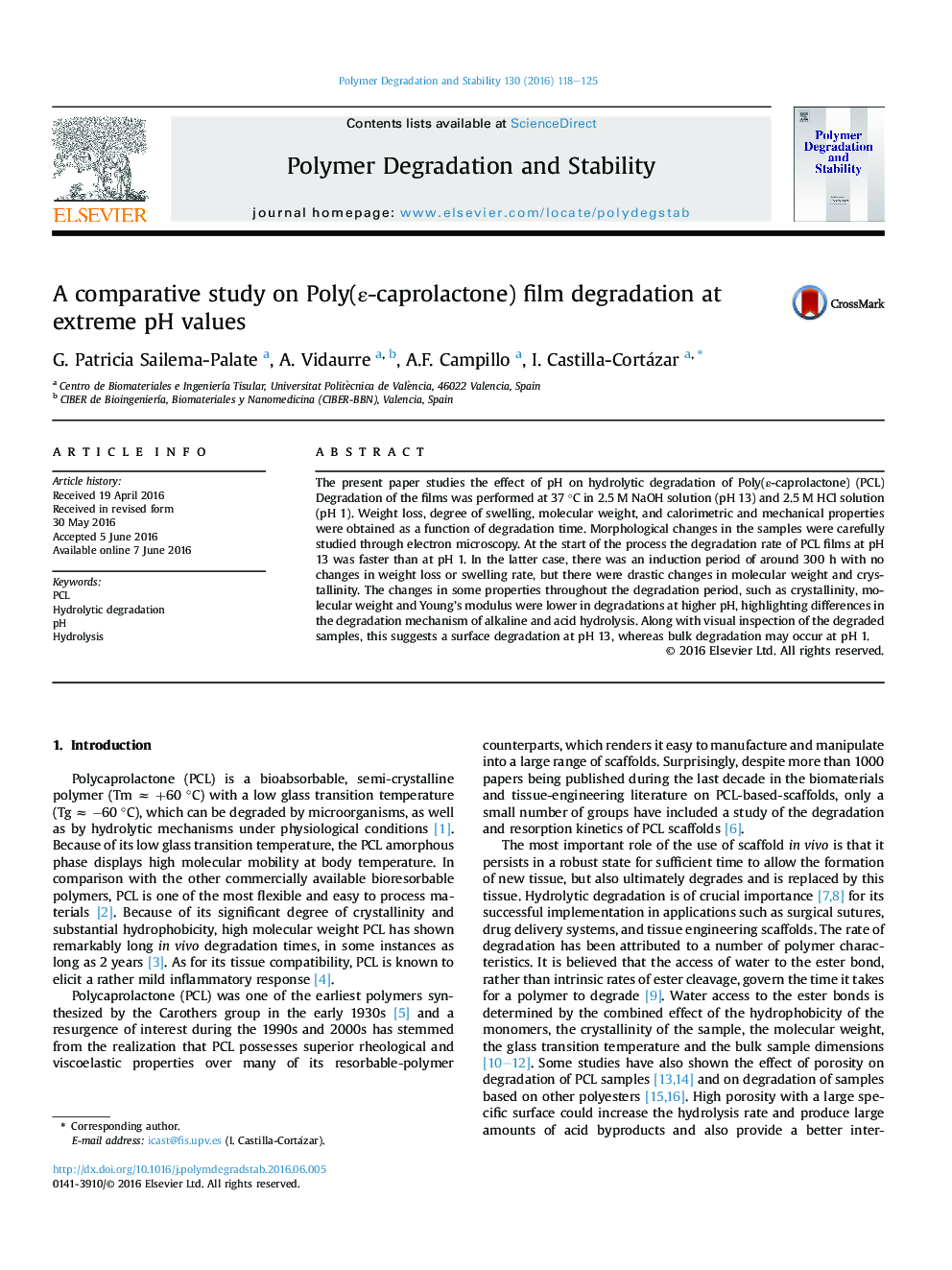 A comparative study on Poly(Îµ-caprolactone) film degradation at extreme pH values