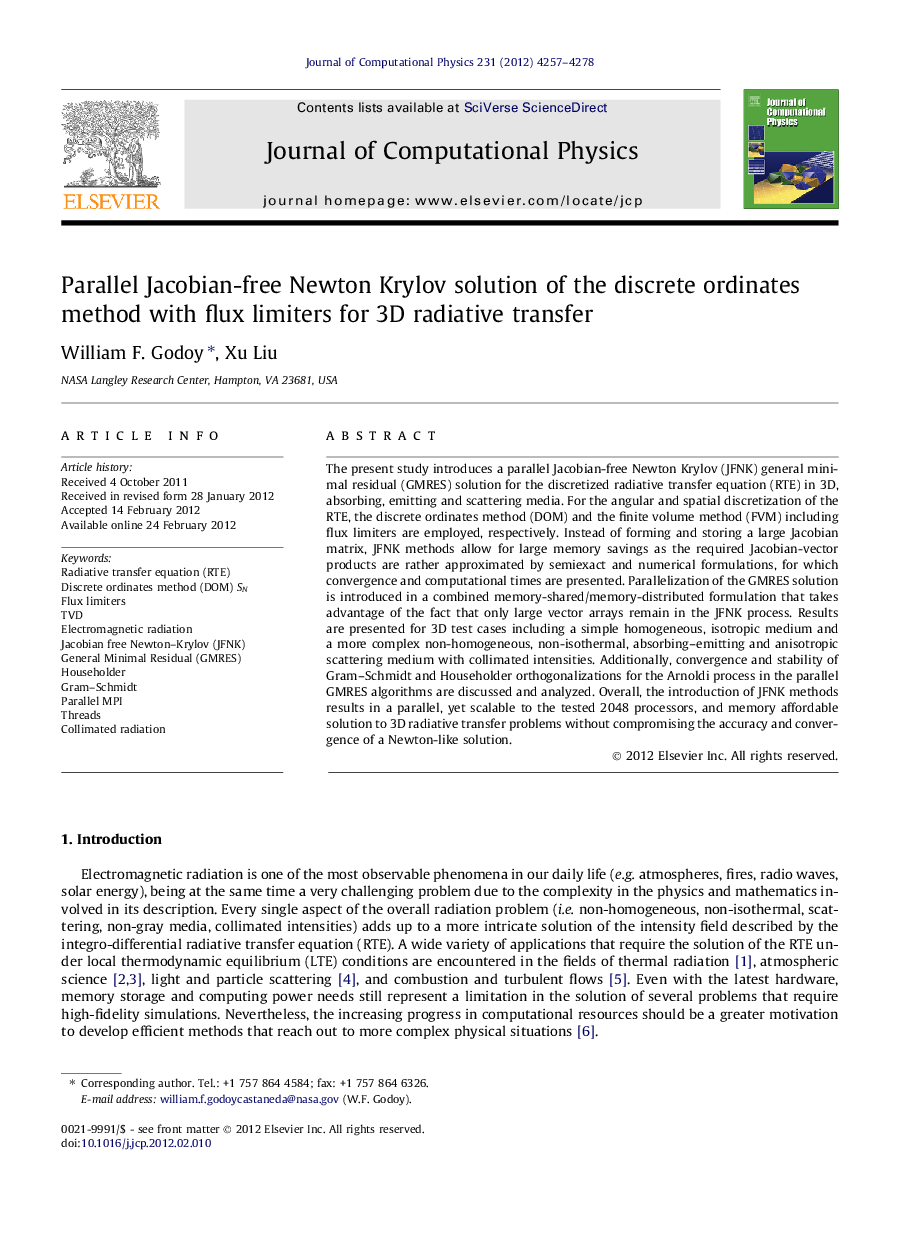 Parallel Jacobian-free Newton Krylov solution of the discrete ordinates method with flux limiters for 3D radiative transfer