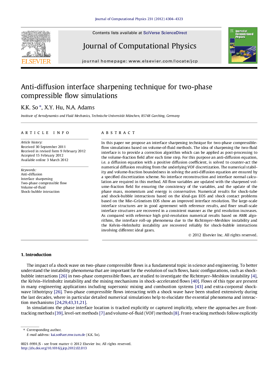 Anti-diffusion interface sharpening technique for two-phase compressible flow simulations