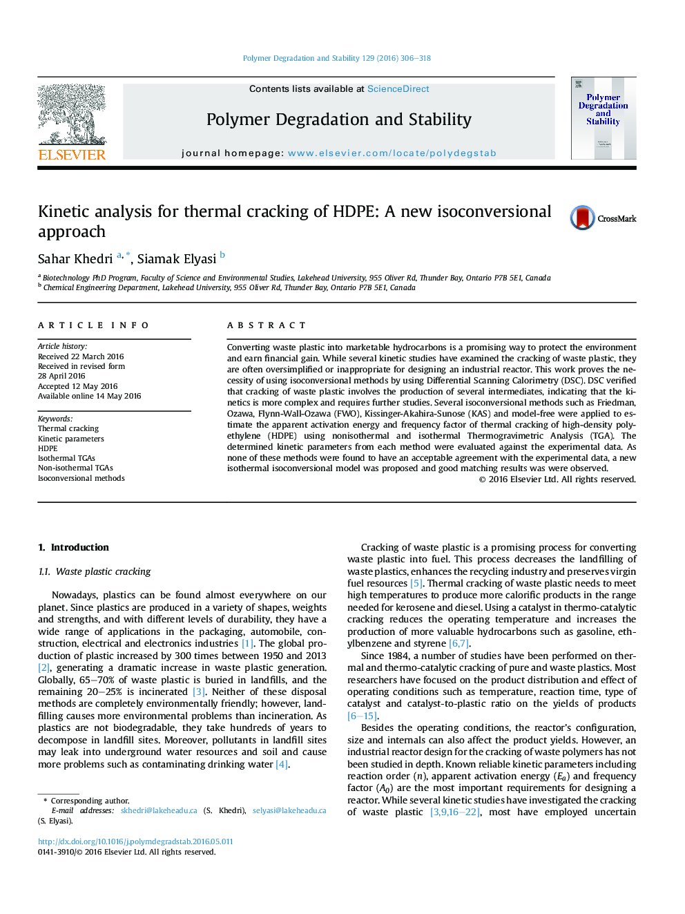 Kinetic analysis for thermal cracking of HDPE: A new isoconversional approach