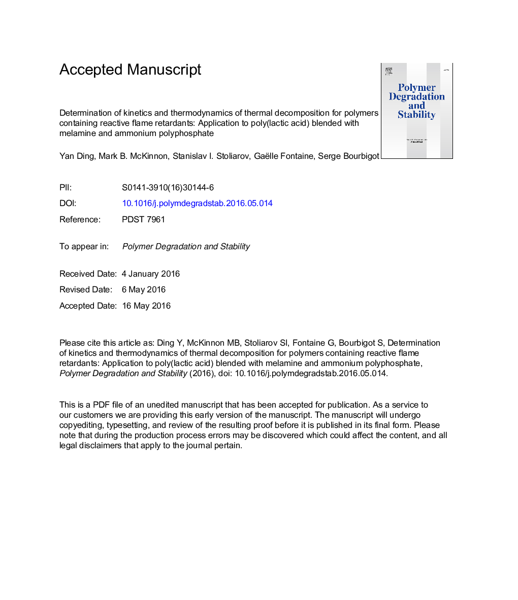 تعیین سینتیک و ترمودینامیک تجزیه حرارتی برای پلیمرهای حاوی بازدارنده های شعله مقاوم: استفاده از پلی (اسید لاکتیک) مخلوط با ملامین و پلی فسفات آمونیوم 