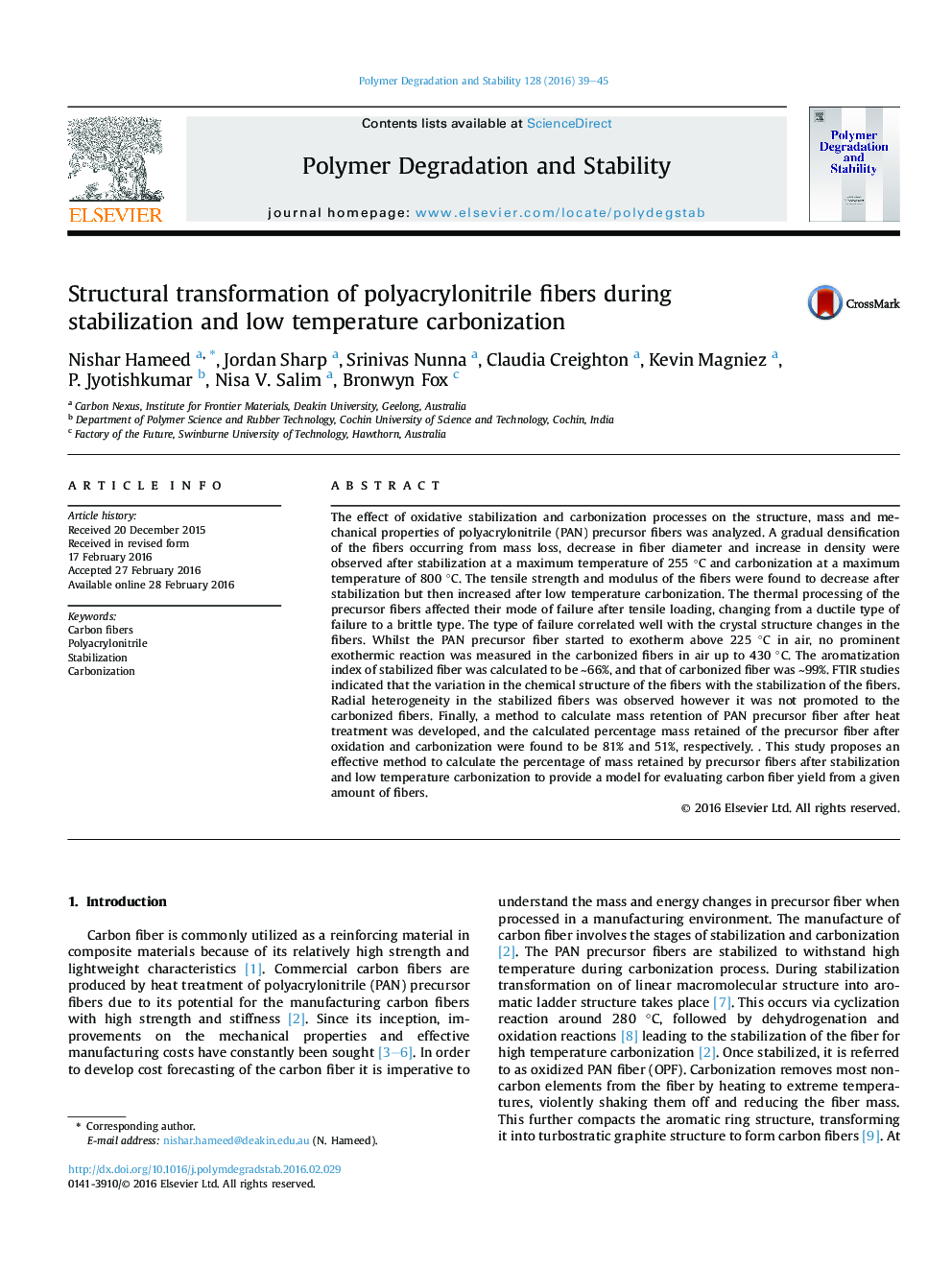 Structural transformation of polyacrylonitrile fibers during stabilization and low temperature carbonization