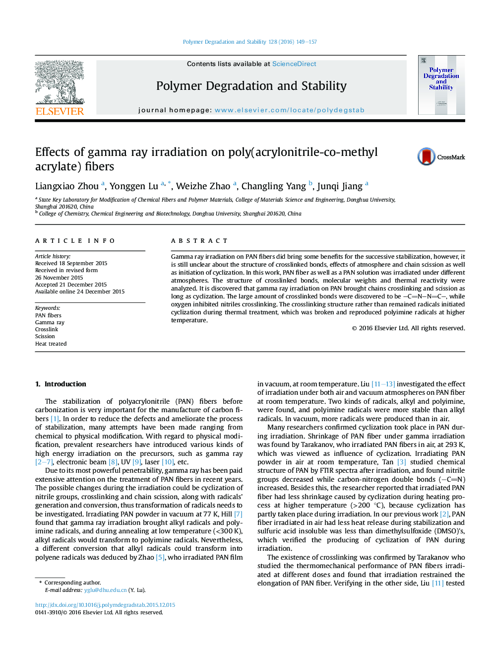 Effects of gamma ray irradiation on poly(acrylonitrile-co-methyl acrylate) fibers