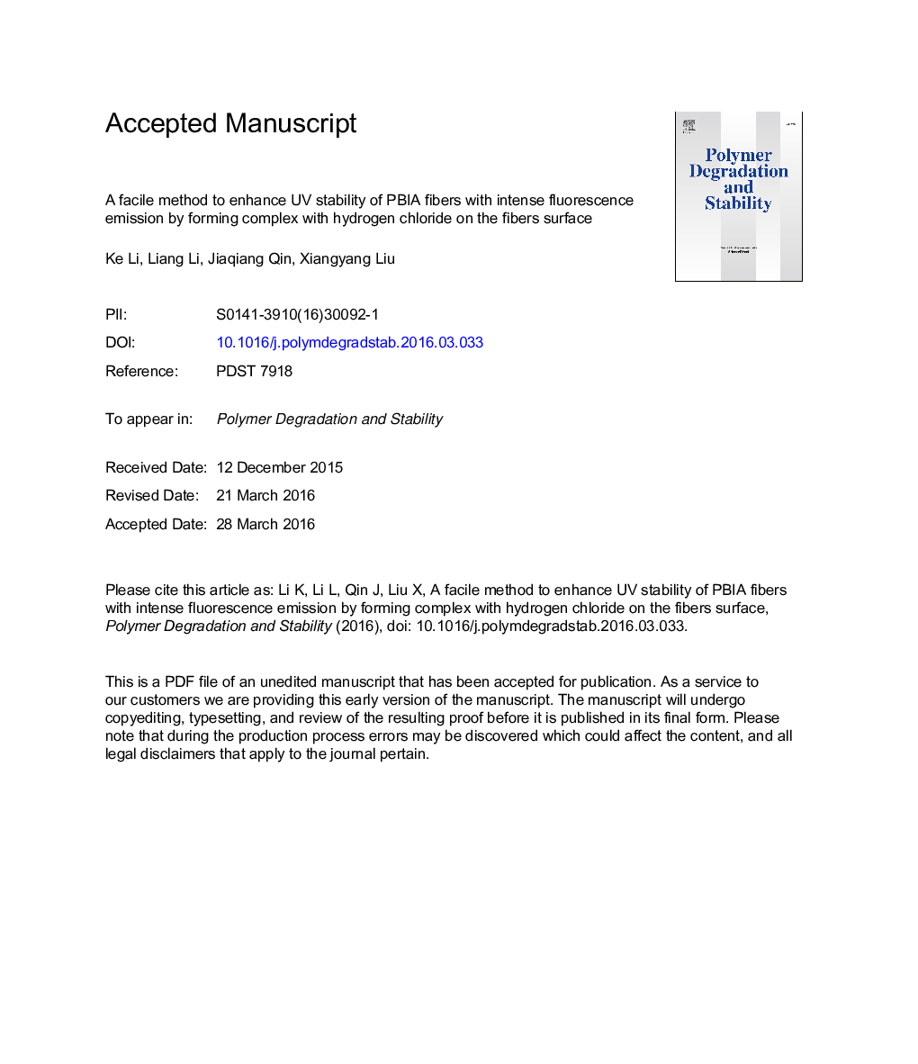 A facile method to enhance UV stability of PBIA fibers with intense fluorescence emission by forming complex with hydrogen chloride on the fibers surface