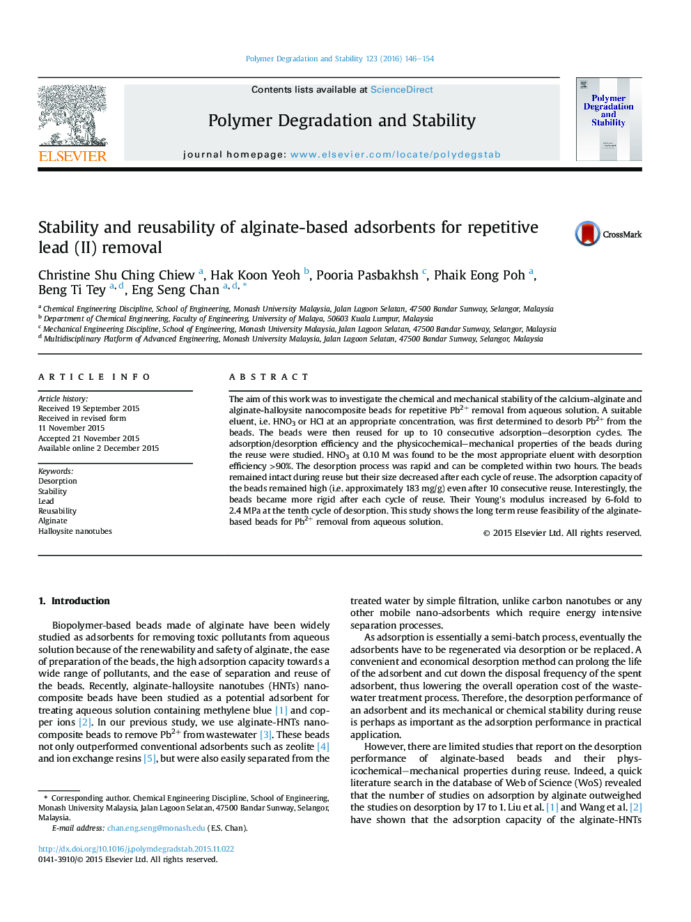 Stability and reusability of alginate-based adsorbents for repetitive lead (II) removal