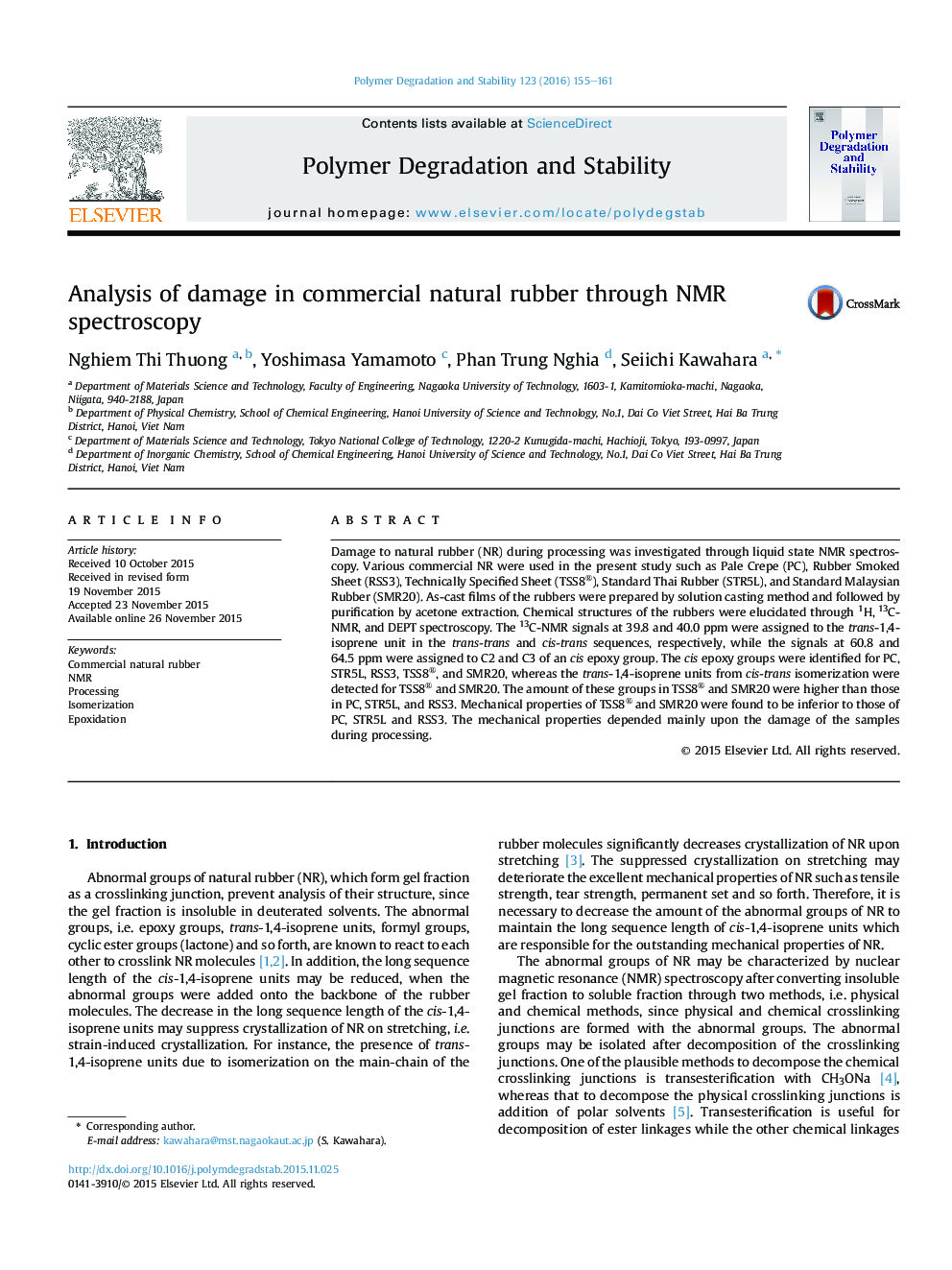 Analysis of damage in commercial natural rubber through NMR spectroscopy