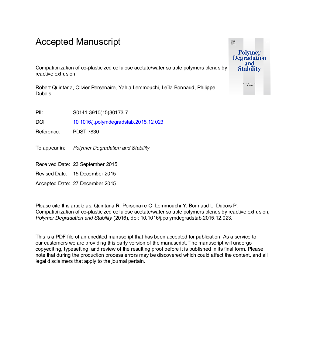 سازگاری پلیمرهای محلول در سلولز استات / پلی اتیلن با پلاستیسیته ترکیب شده با اکستروژن واکنش پذیر 