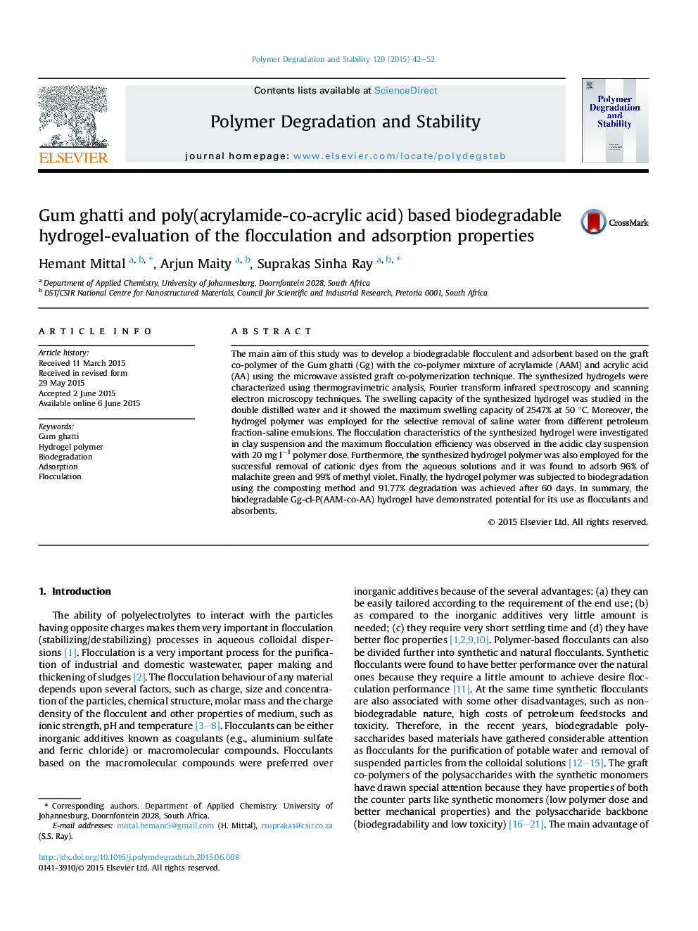 Gum ghatti and poly(acrylamide-co-acrylic acid) based biodegradable hydrogel-evaluation of the flocculation and adsorption properties