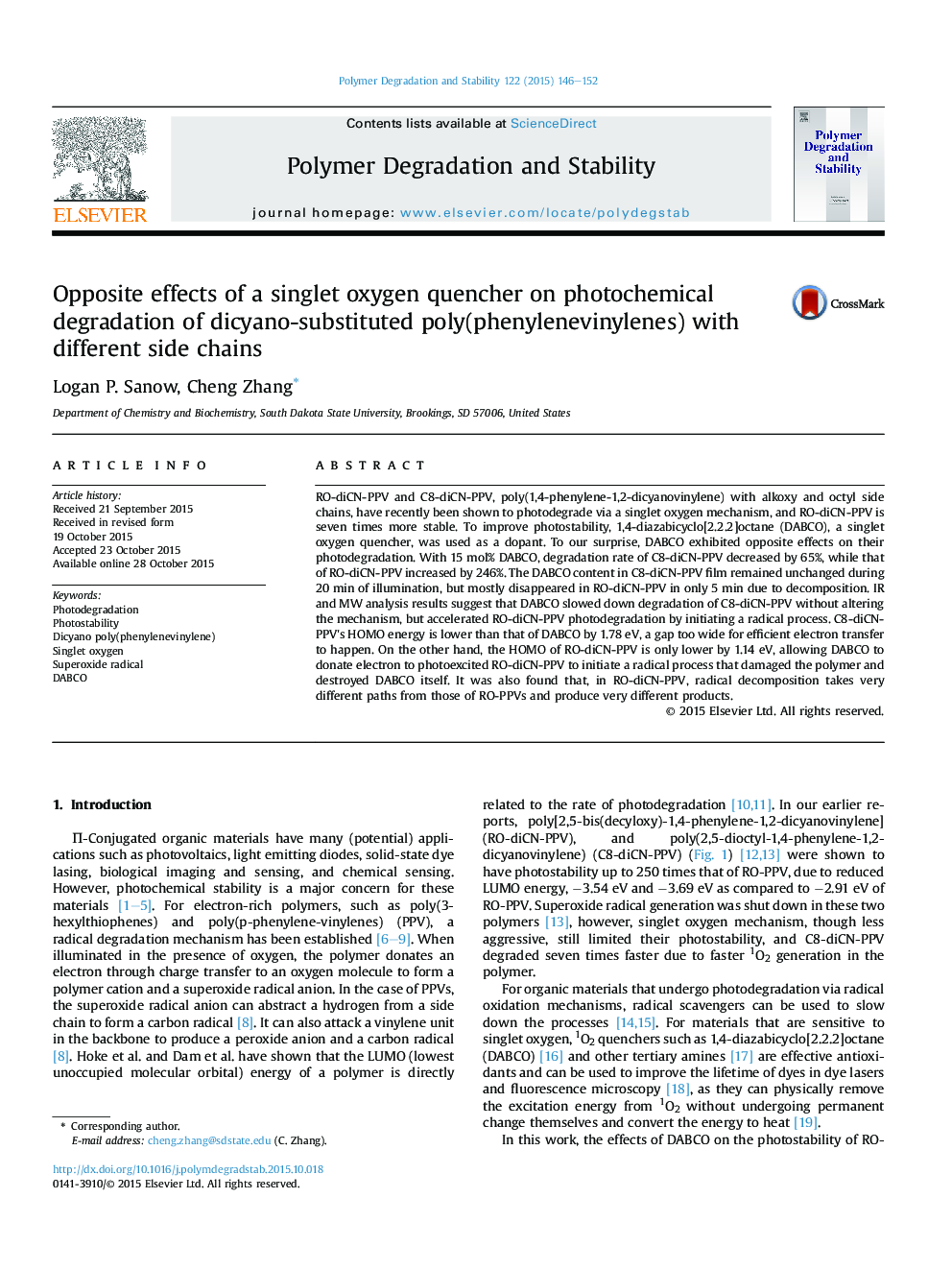 Opposite effects of a singlet oxygen quencher on photochemical degradation of dicyano-substituted poly(phenylenevinylenes) with different side chains