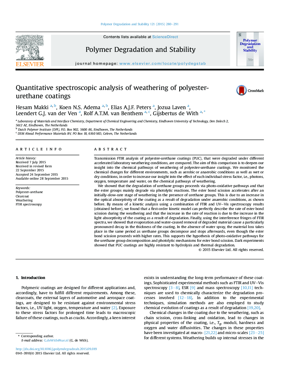 Quantitative spectroscopic analysis of weathering of polyester-urethane coatings