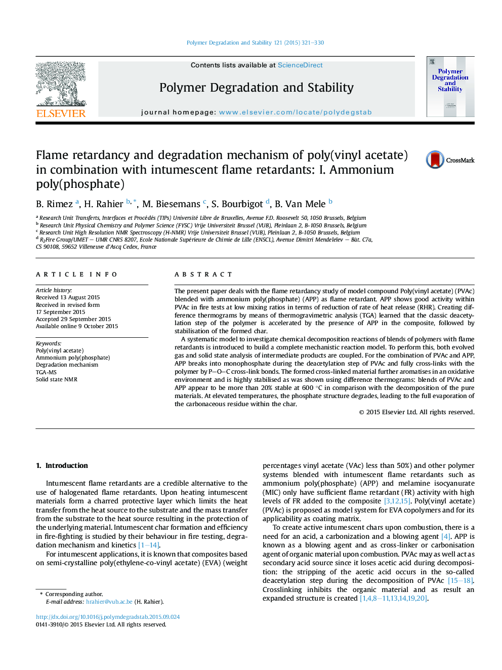 Flame retardancy and degradation mechanism of poly(vinyl acetate) in combination with intumescent flame retardants: I. Ammonium poly(phosphate)