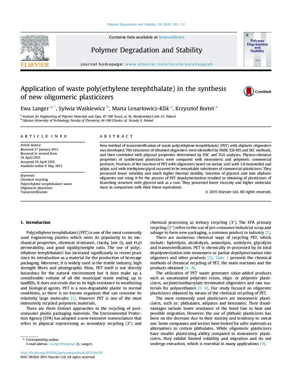 Application of waste poly(ethylene terephthalate) in the synthesis of new oligomeric plasticizers