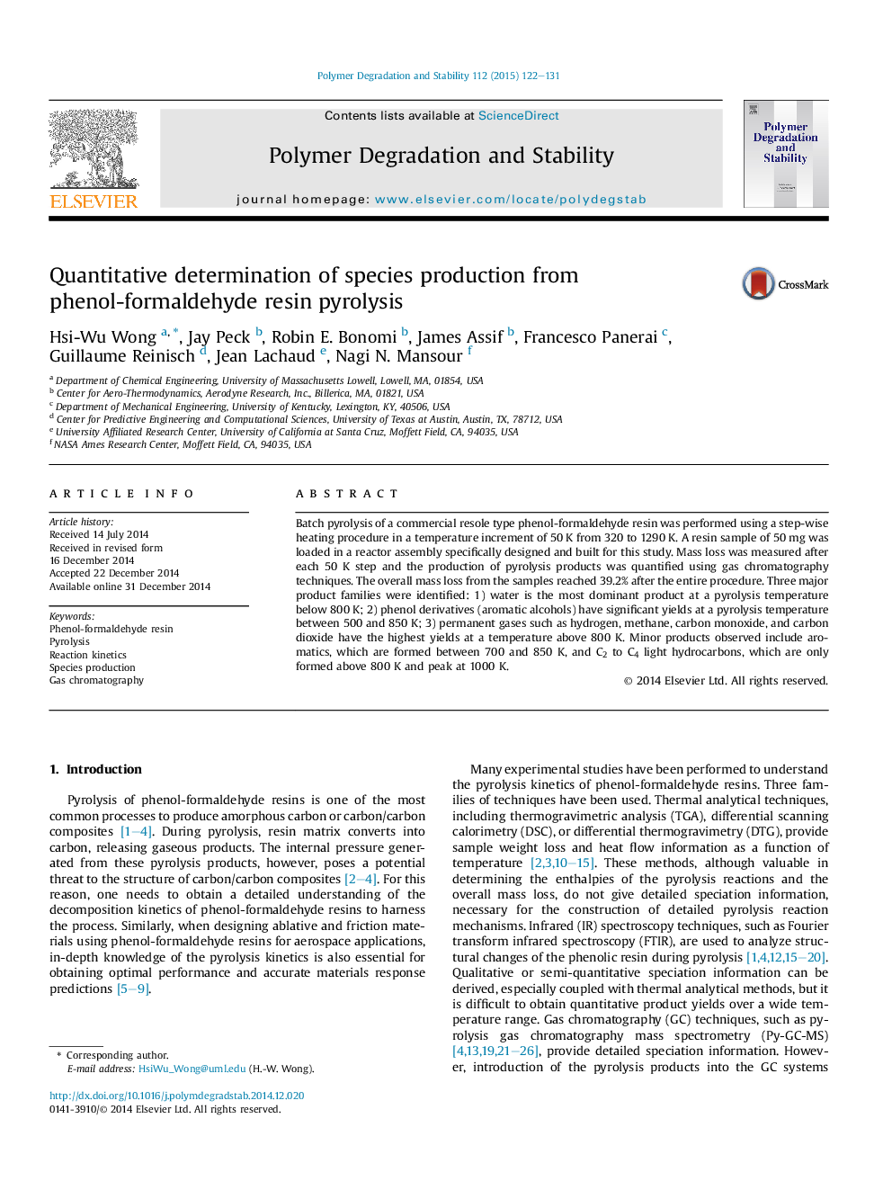 Quantitative determination of species production from phenol-formaldehyde resin pyrolysis