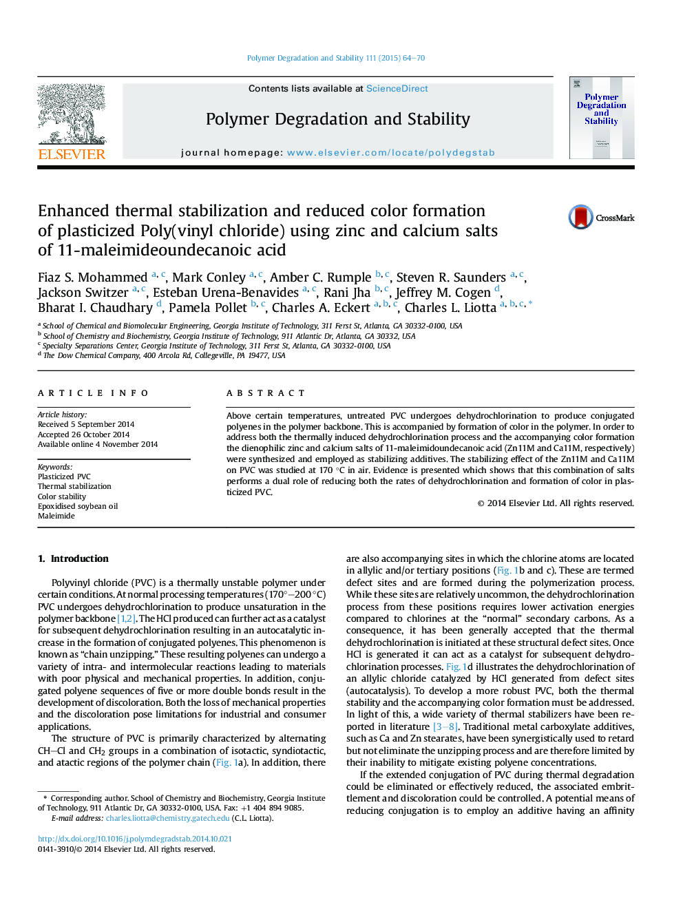 Enhanced thermal stabilization and reduced color formation of plasticized Poly(vinyl chloride) using zinc and calcium salts of 11-maleimideoundecanoic acid