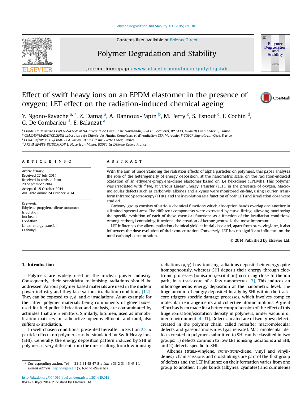 Effect of swift heavy ions on an EPDM elastomer in the presence of oxygen: LET effect on the radiation-induced chemical ageing