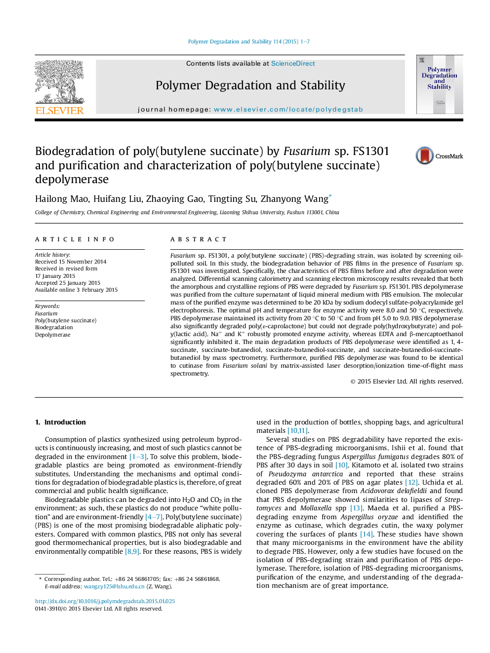 Biodegradation of poly(butylene succinate) by Fusarium sp. FS1301 and purification and characterization of poly(butylene succinate) depolymerase