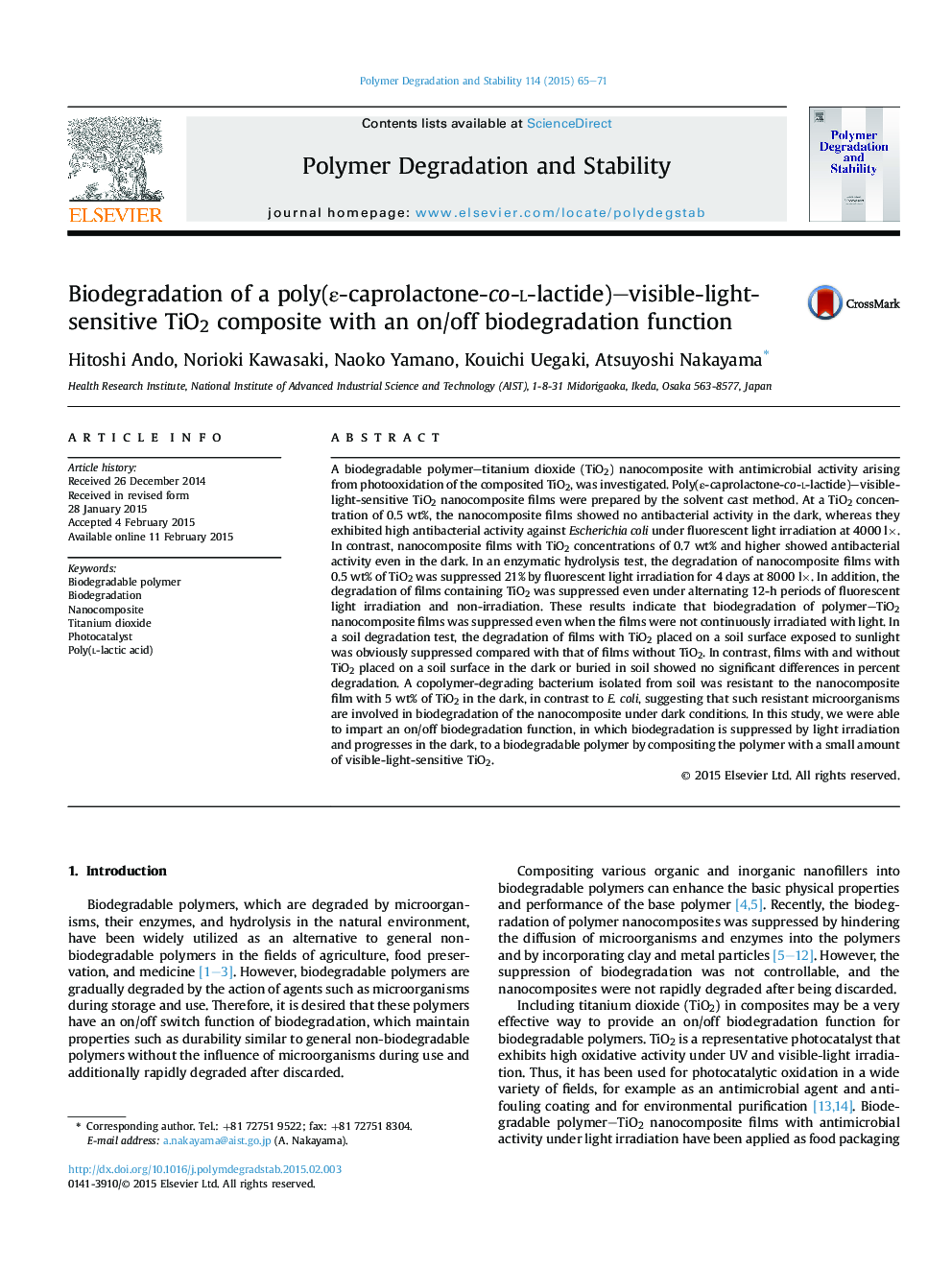 Biodegradation of a poly(Îµ-caprolactone-co-l-lactide)-visible-light-sensitive TiO2 composite with an on/off biodegradation function