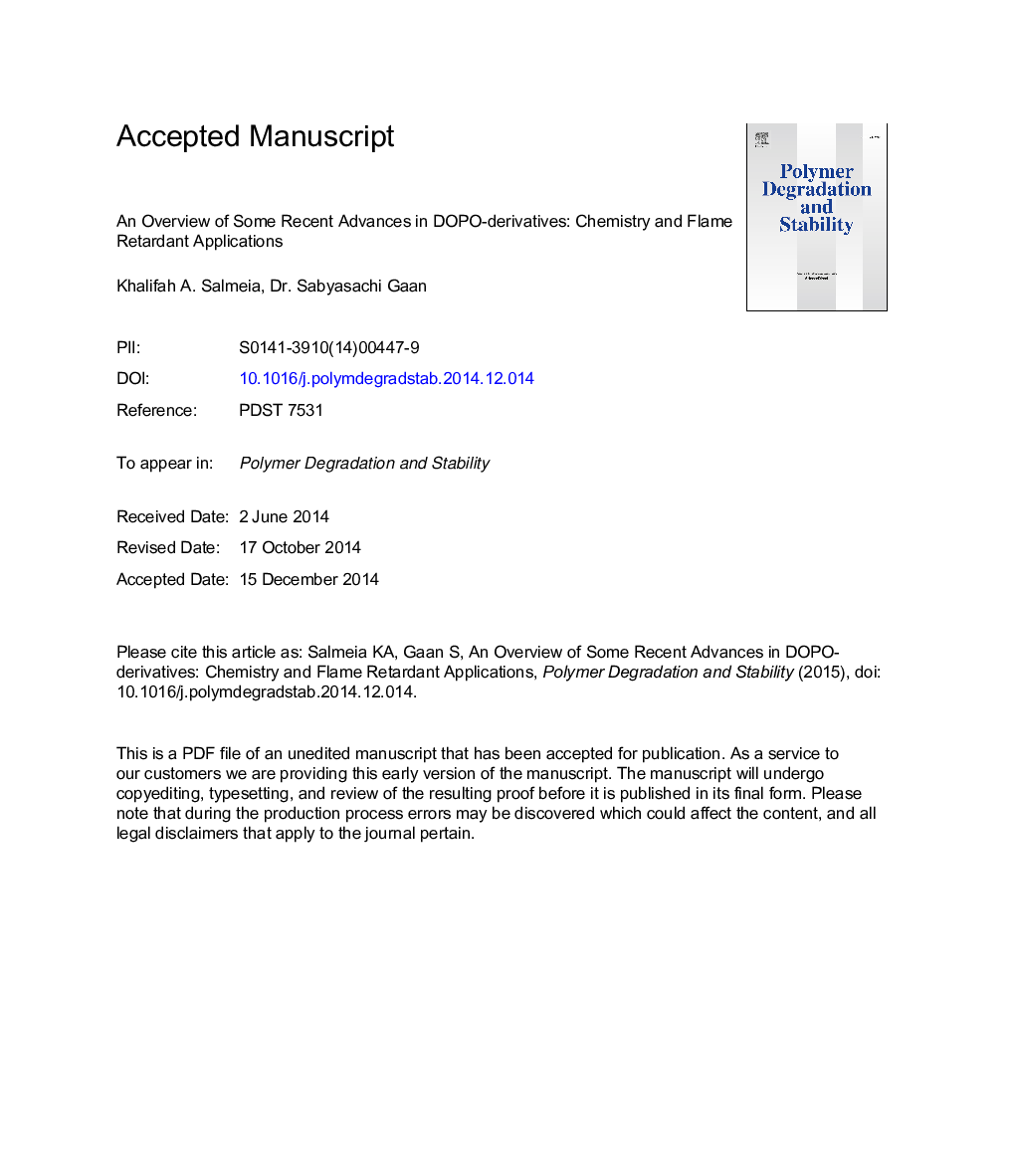 An overview of some recent advances in DOPO-derivatives: Chemistry and flame retardant applications