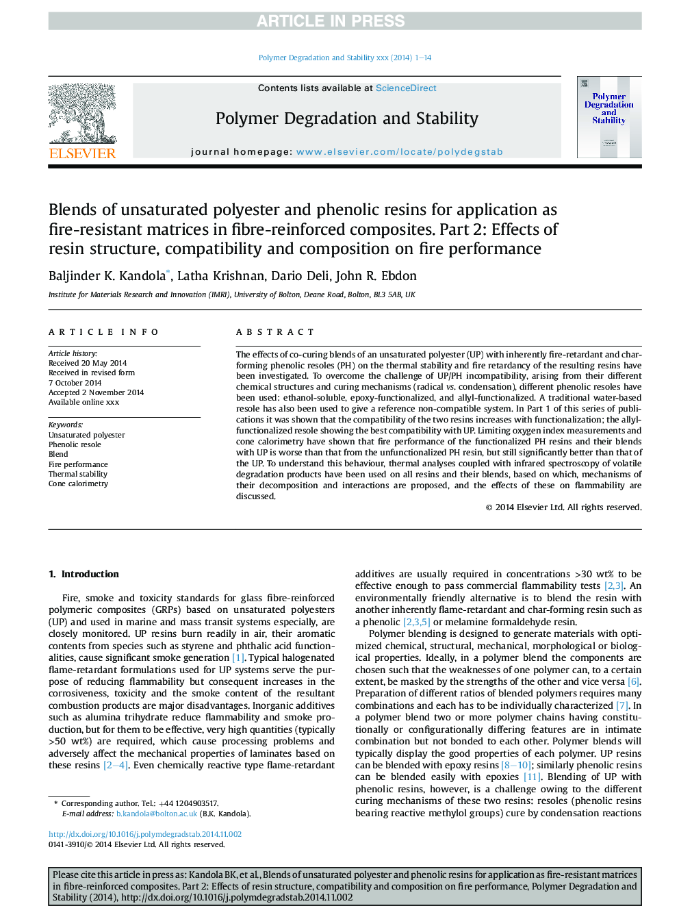 Blends of unsaturated polyester and phenolic resins for application as fire-resistant matrices in fibre-reinforced composites. Part 2: Effects of resin structure, compatibility and composition on fire performance