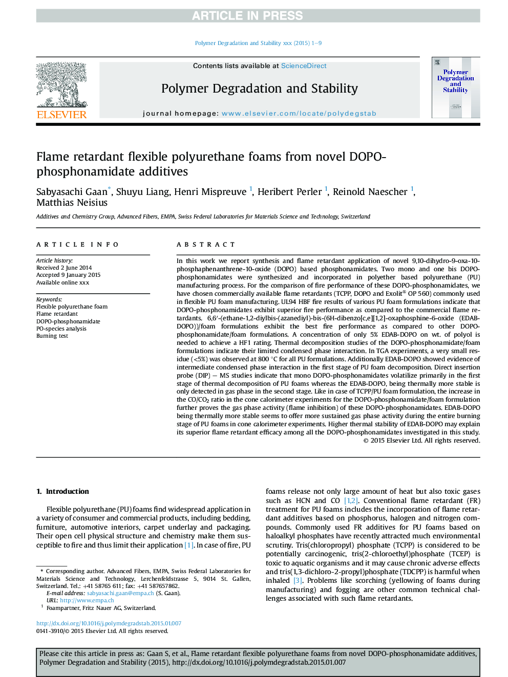 Flame retardant flexible polyurethane foams from novel DOPO-phosphonamidate additives