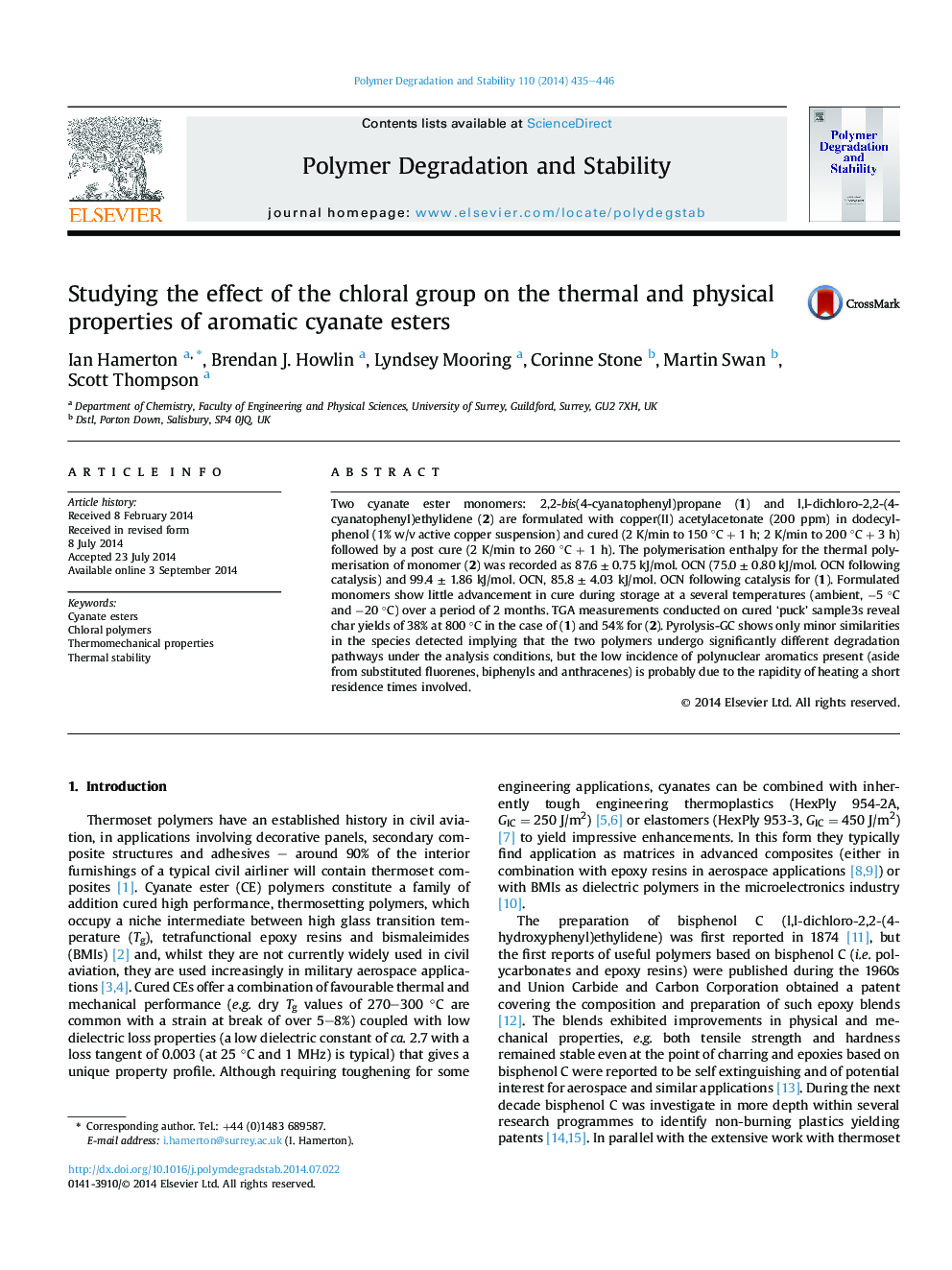 Studying the effect of the chloral group on the thermal and physical properties of aromatic cyanate esters