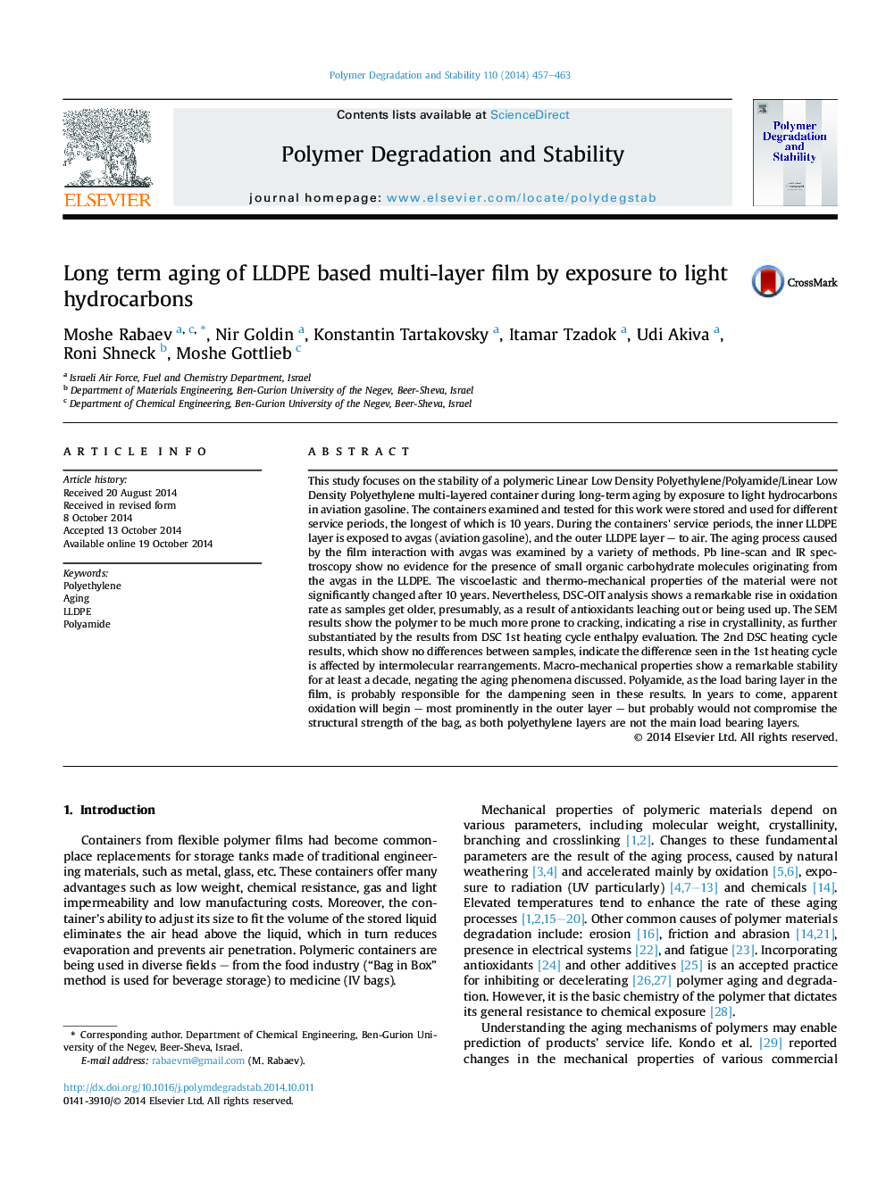 Long term aging of LLDPE based multi-layer film by exposure to light hydrocarbons