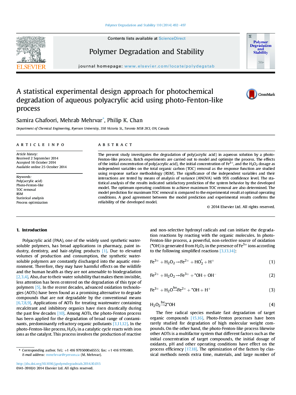 A statistical experimental design approach for photochemical degradation of aqueous polyacrylic acid using photo-Fenton-like process