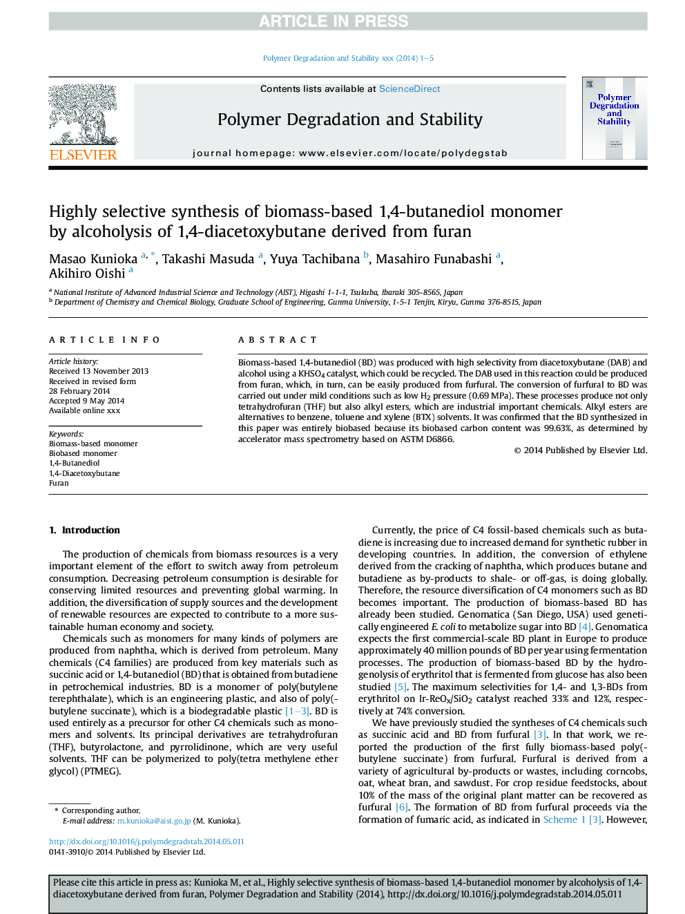 Highly selective synthesis of biomass-based 1,4-butanediol monomer by alcoholysis of 1,4-diacetoxybutane derived from furan