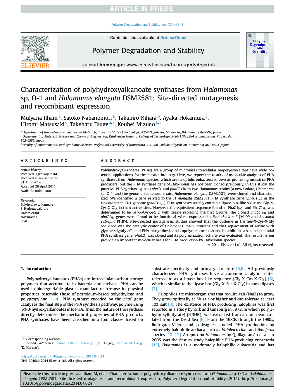 Characterization of polyhydroxyalkanoate synthases from Halomonas sp. O-1 and Halomonas elongata DSM2581: Site-directed mutagenesis and recombinant expression