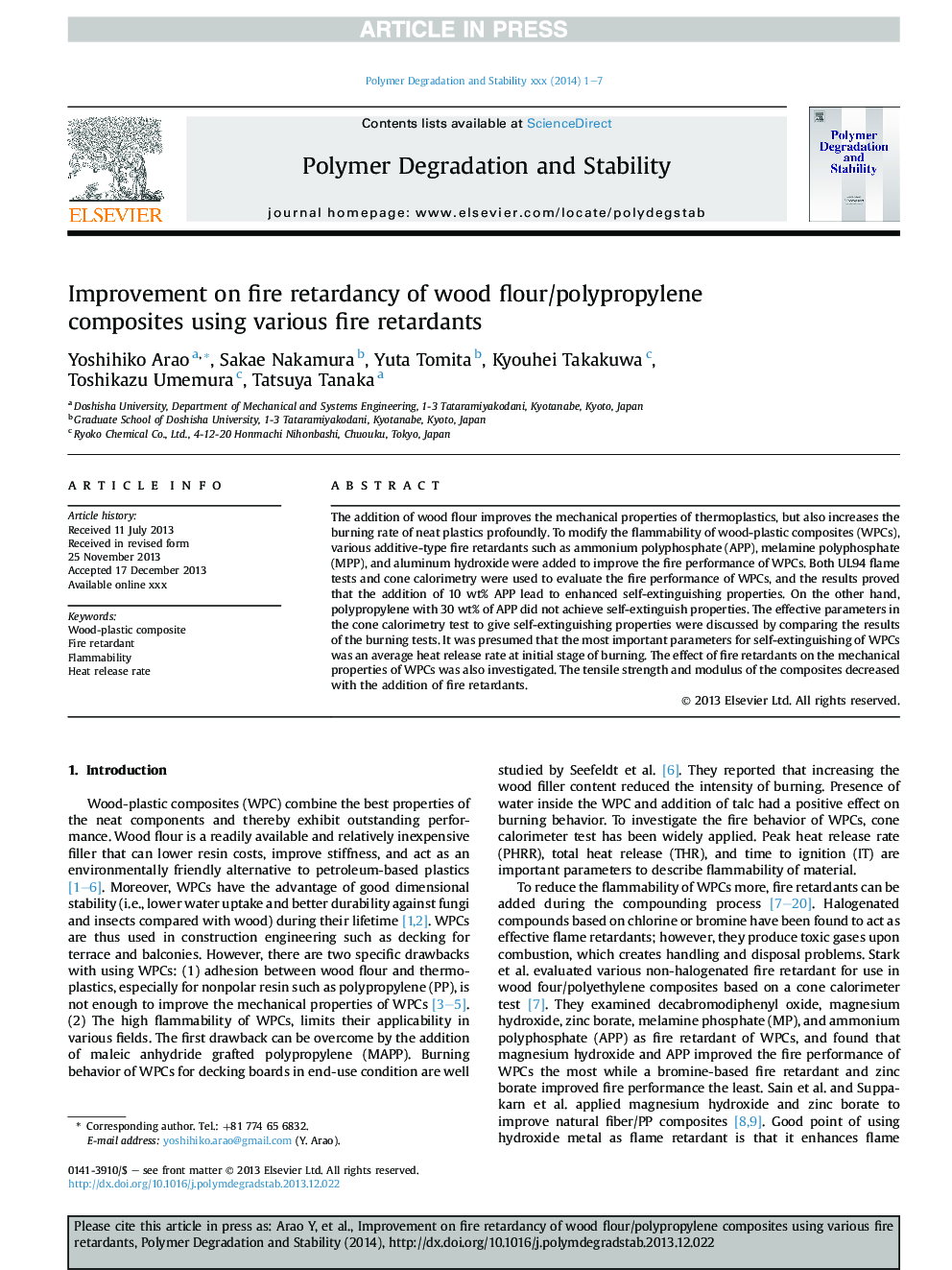 Improvement on fire retardancy of wood flour/polypropylene composites using various fire retardants