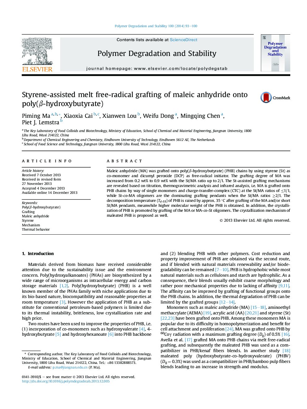 Styrene-assisted melt free-radical grafting of maleic anhydride onto poly(Î²-hydroxybutyrate)