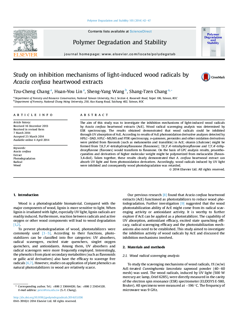 Study on inhibition mechanisms of light-induced wood radicals by Acacia confusa heartwood extracts