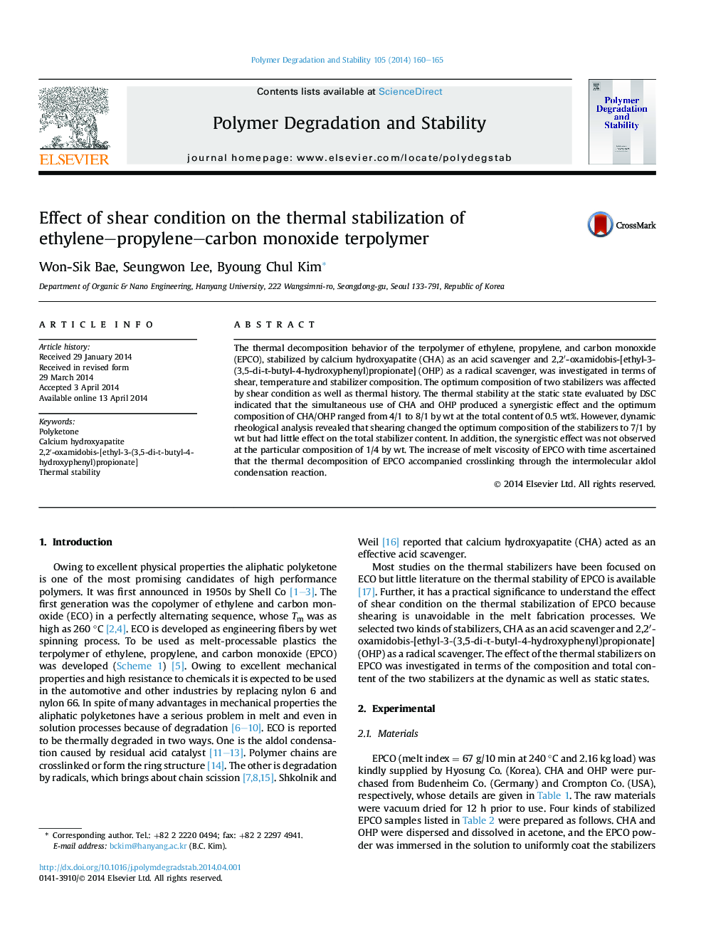 Effect of shear condition on the thermal stabilization of ethylene-propylene-carbon monoxide terpolymer