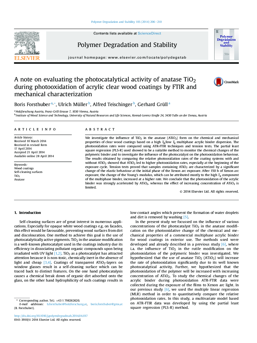 A note on evaluating the photocatalytical activity of anatase TiO2 during photooxidation of acrylic clear wood coatings by FTIR and mechanical characterization