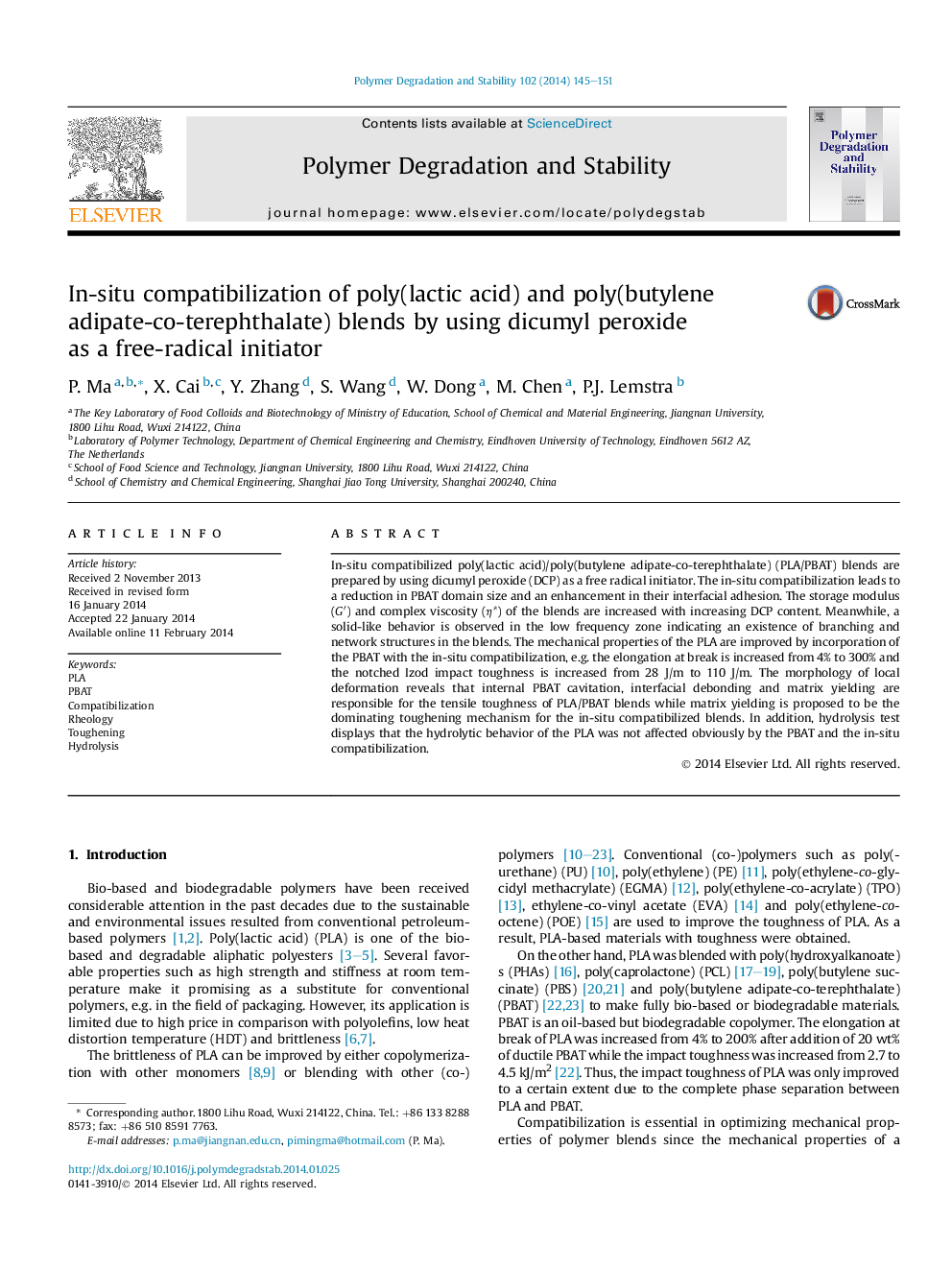 In-situ compatibilization of poly(lactic acid) and poly(butylene adipate-co-terephthalate) blends by using dicumyl peroxide as a free-radical initiator