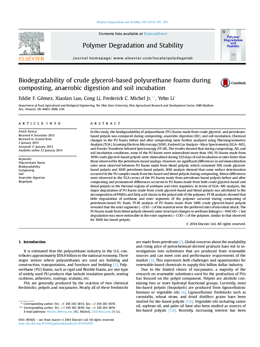 Biodegradability of crude glycerol-based polyurethane foams during composting, anaerobic digestion and soil incubation