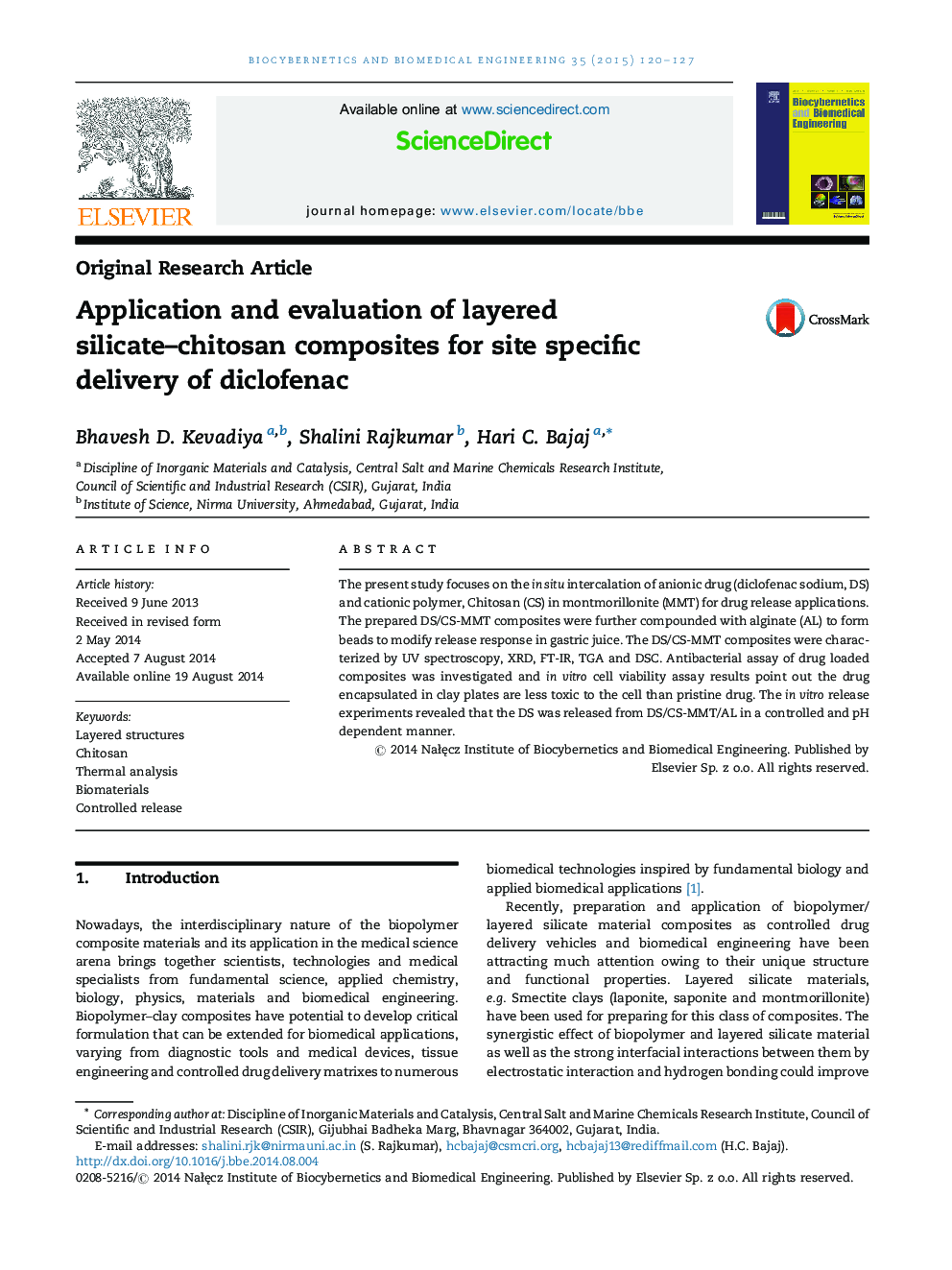 Application and evaluation of layered silicate–chitosan composites for site specific delivery of diclofenac