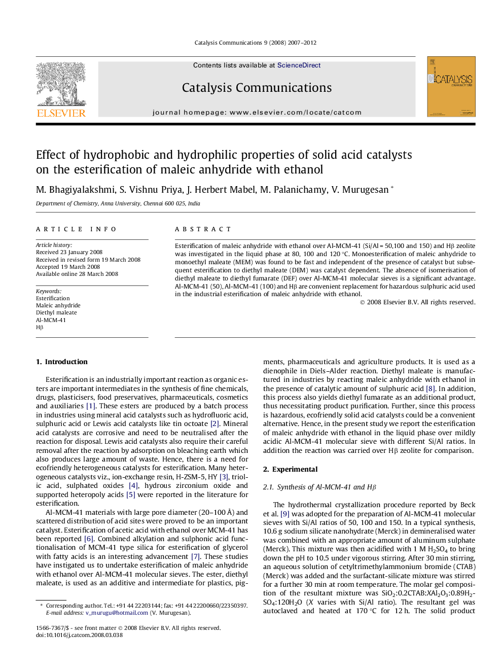 Effect of hydrophobic and hydrophilic properties of solid acid catalysts on the esterification of maleic anhydride with ethanol