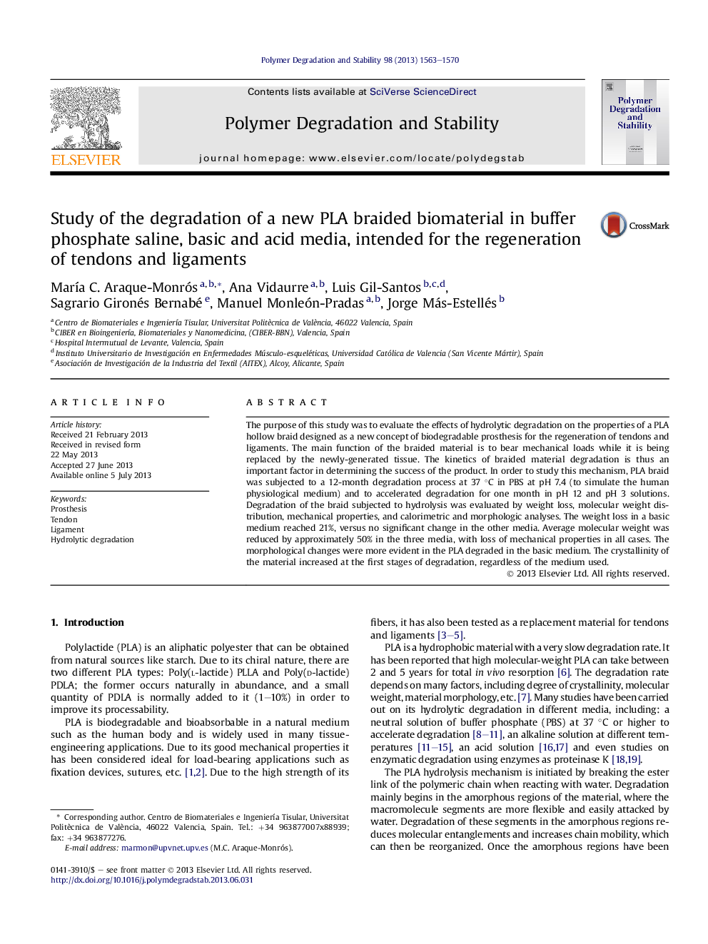 Study of the degradation of a new PLA braided biomaterial in buffer phosphate saline, basic and acid media, intended for the regeneration of tendons and ligaments