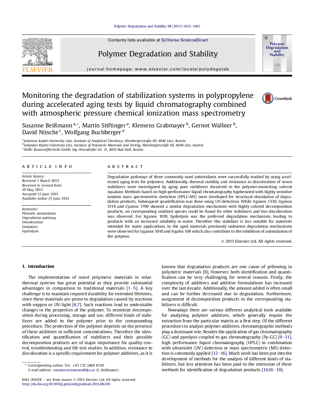 Monitoring the degradation of stabilization systems in polypropylene during accelerated aging tests by liquid chromatography combined with atmospheric pressure chemical ionization mass spectrometry