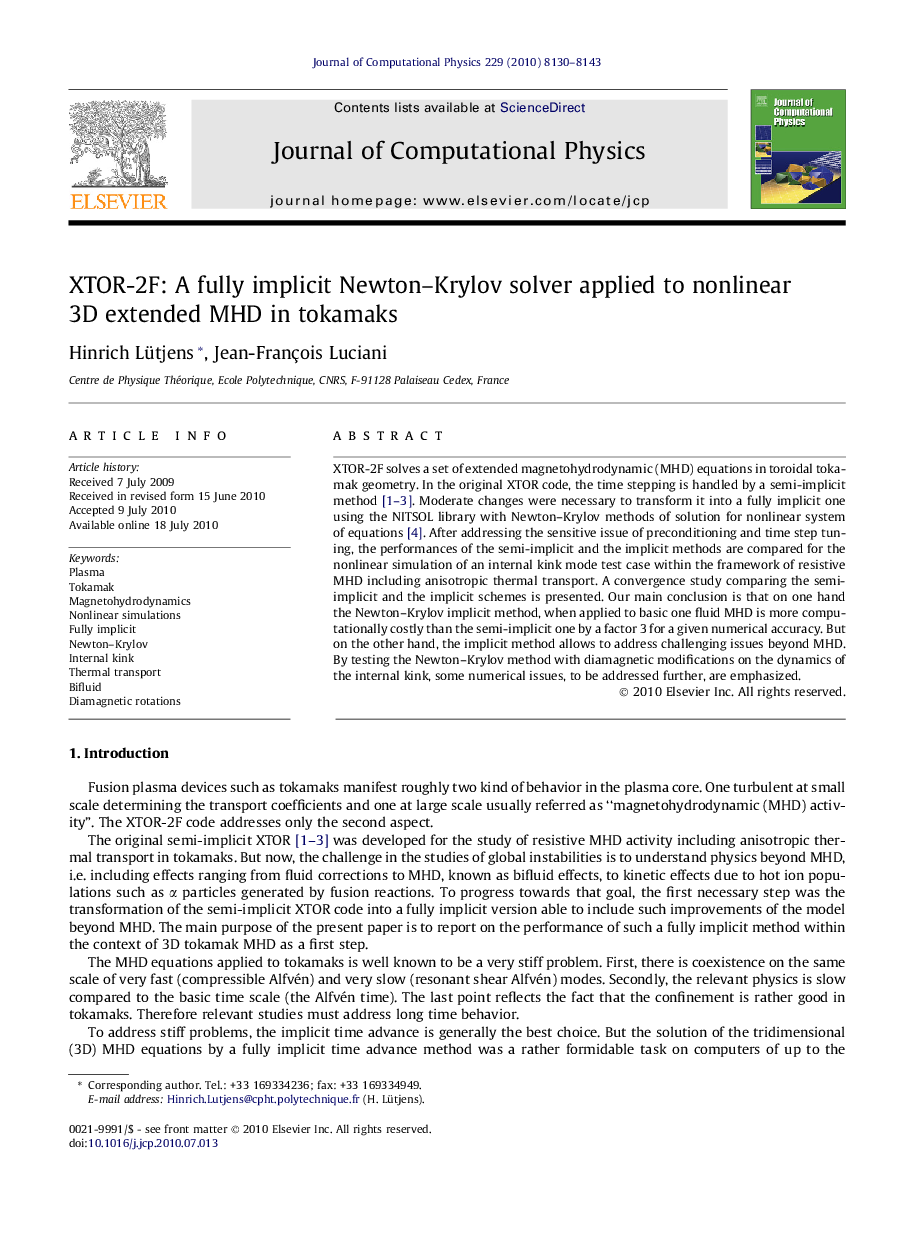 XTOR-2F: A fully implicit Newton–Krylov solver applied to nonlinear 3D extended MHD in tokamaks