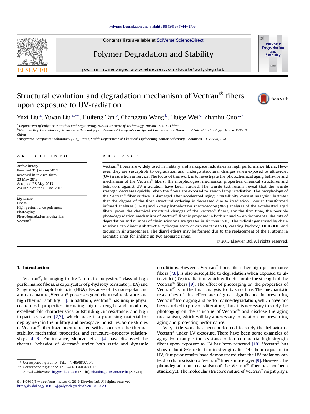 Structural evolution and degradation mechanism of Vectran® fibers upon exposure to UV-radiation