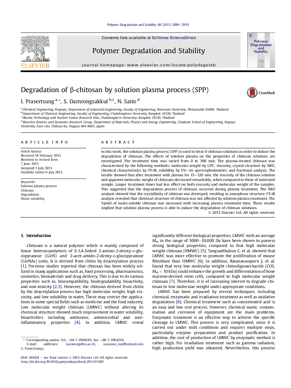 Degradation of Î²-chitosan by solution plasma process (SPP)