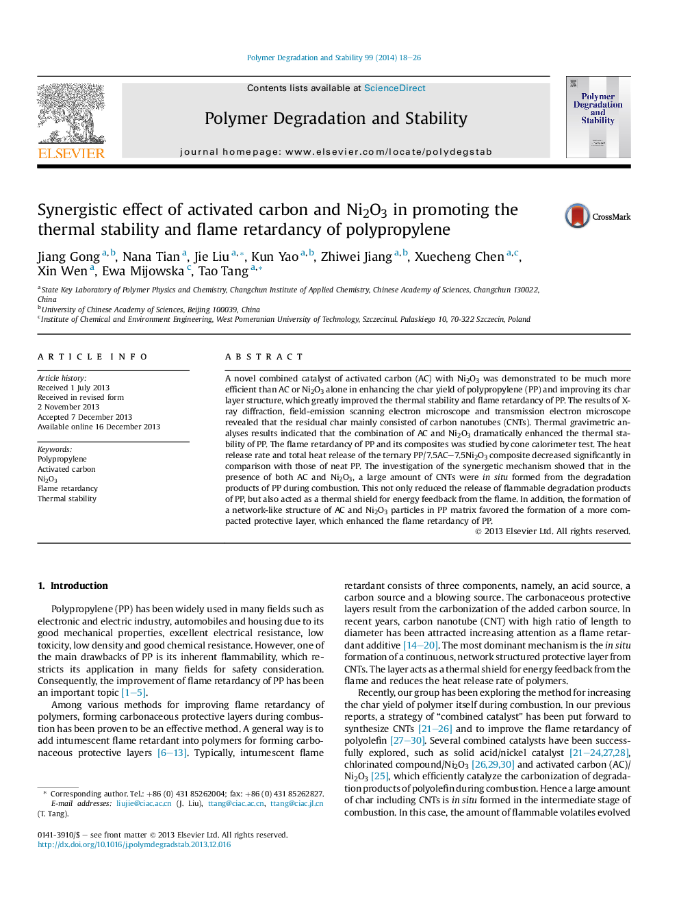 Synergistic effect of activated carbon and Ni2O3 in promoting the thermal stability and flame retardancy of polypropylene