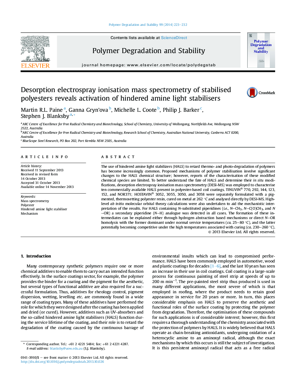 Desorption electrospray ionisation mass spectrometry of stabilised polyesters reveals activation of hindered amine light stabilisers