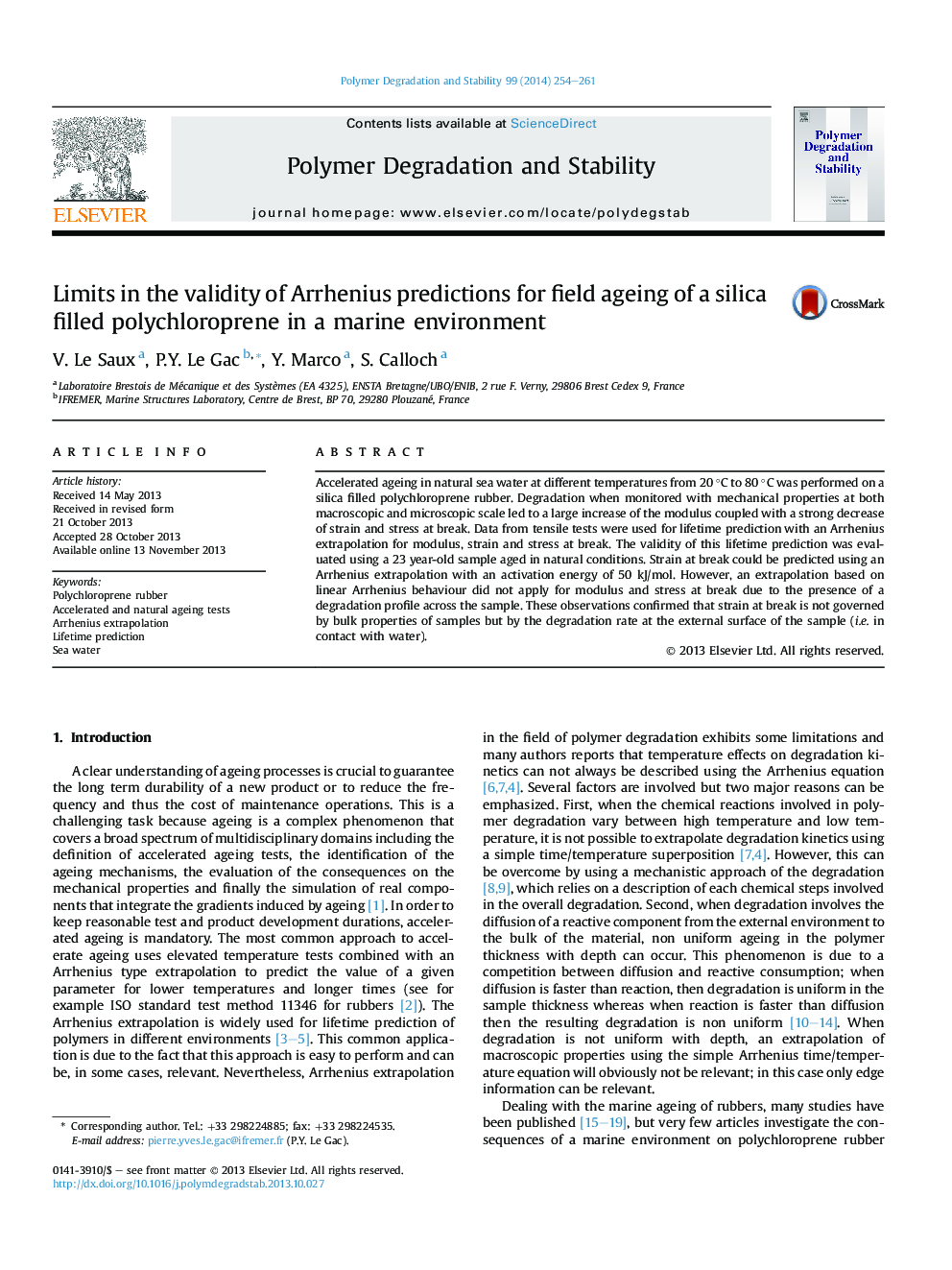 Limits in the validity of Arrhenius predictions for field ageing of a silica filled polychloroprene in a marine environment