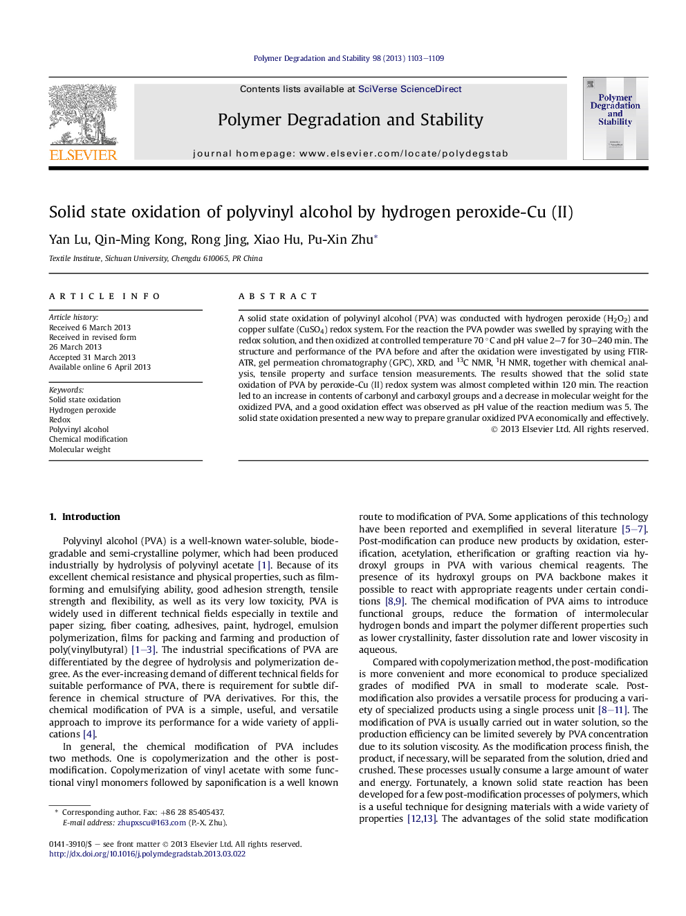 Solid state oxidation of polyvinyl alcohol by hydrogen peroxide-Cu (II)