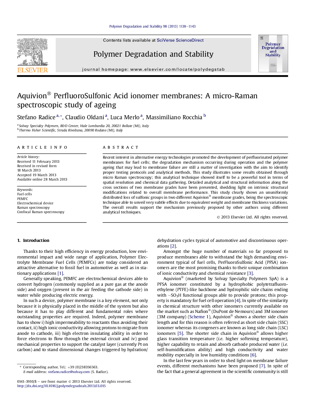 Aquivion® PerfluoroSulfonic Acid ionomer membranes: A micro-Raman spectroscopic study of ageing