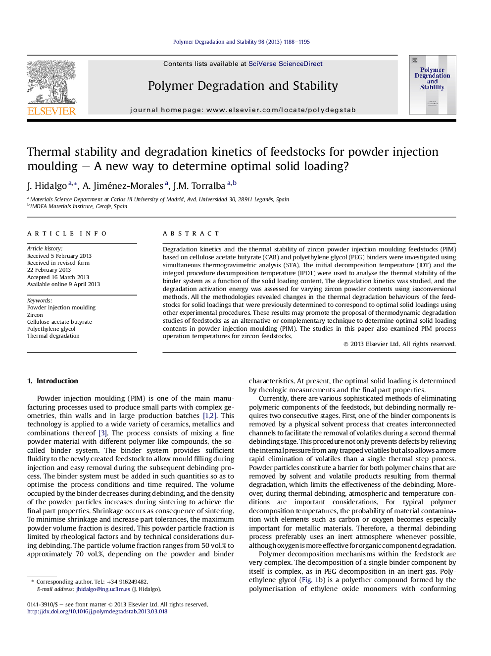 Thermal stability and degradation kinetics of feedstocks for powder injection moulding - A new way to determine optimal solid loading?